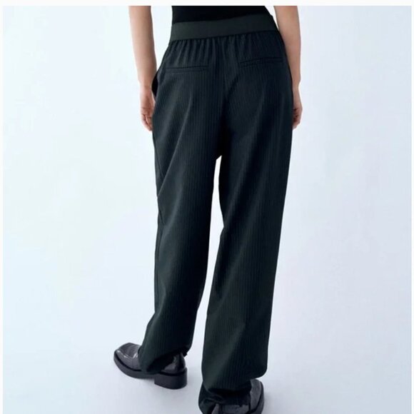 Zara Black Pinstripe High Rise Elastic Waist Wide Leg Palazzo Pants / Trousers M - Picture 3 of 15